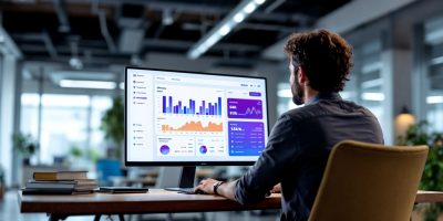 um homem esta trabalhando em um computador com um grafico na tela