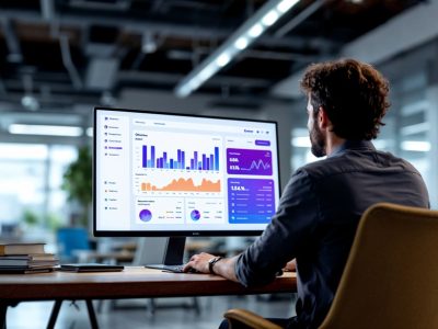 um homem esta trabalhando em um computador com um grafico na tela