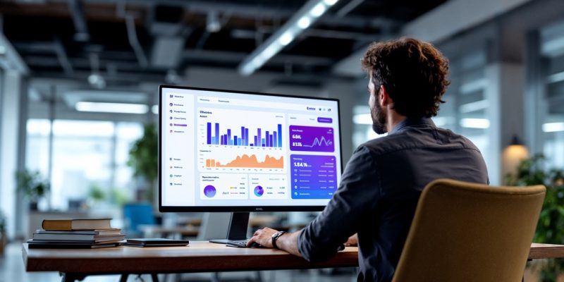 um homem esta trabalhando em um computador com um grafico na tela