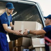 young couriers cooperating while unloading packages from deliver
